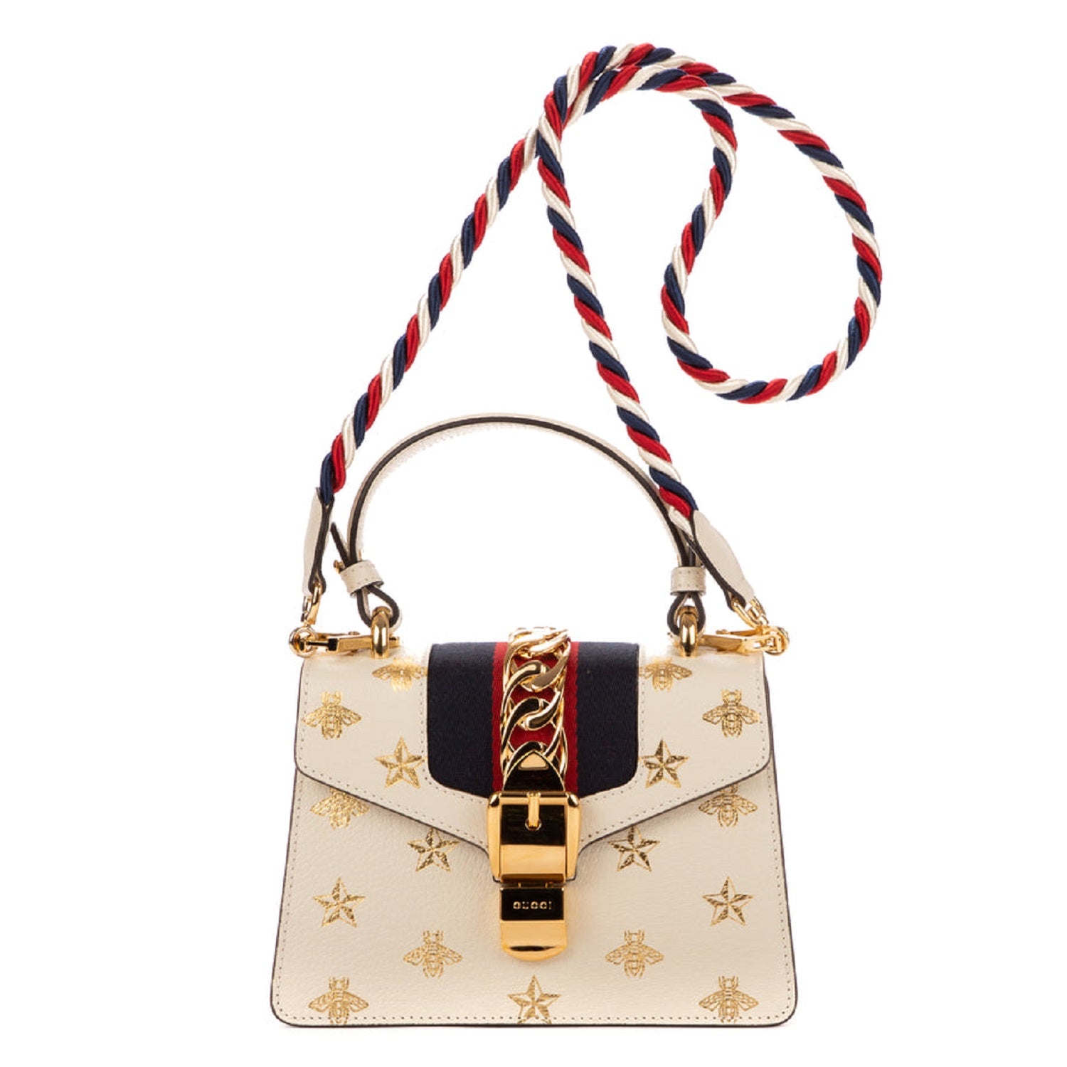 Gucci White Calfskin Mini Sylvie Bee Star Top Handle Bag