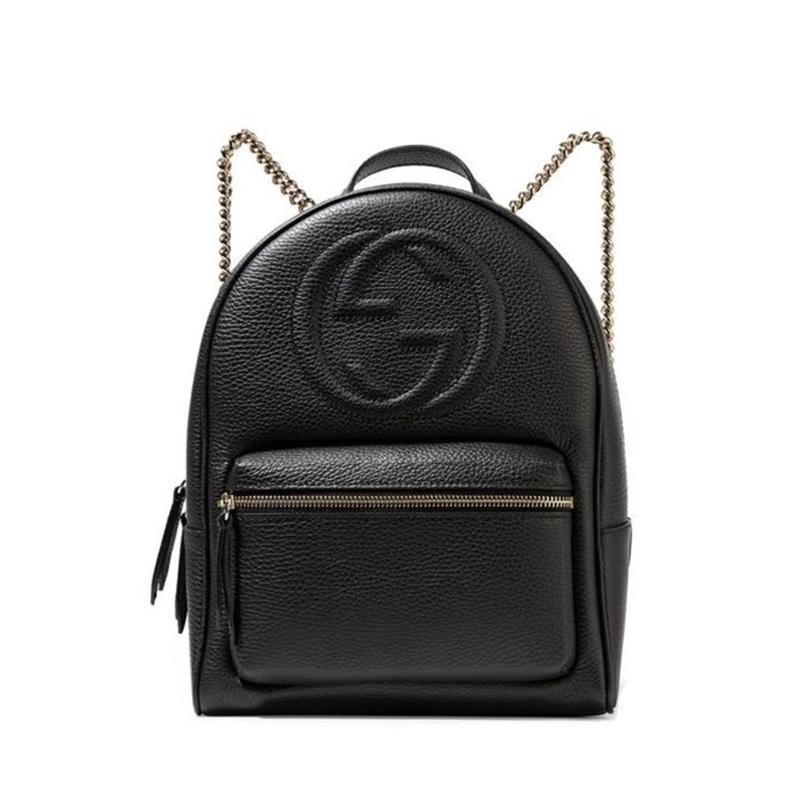 Gucci Soho GG Logo Black Leather Backpack Chain Straps