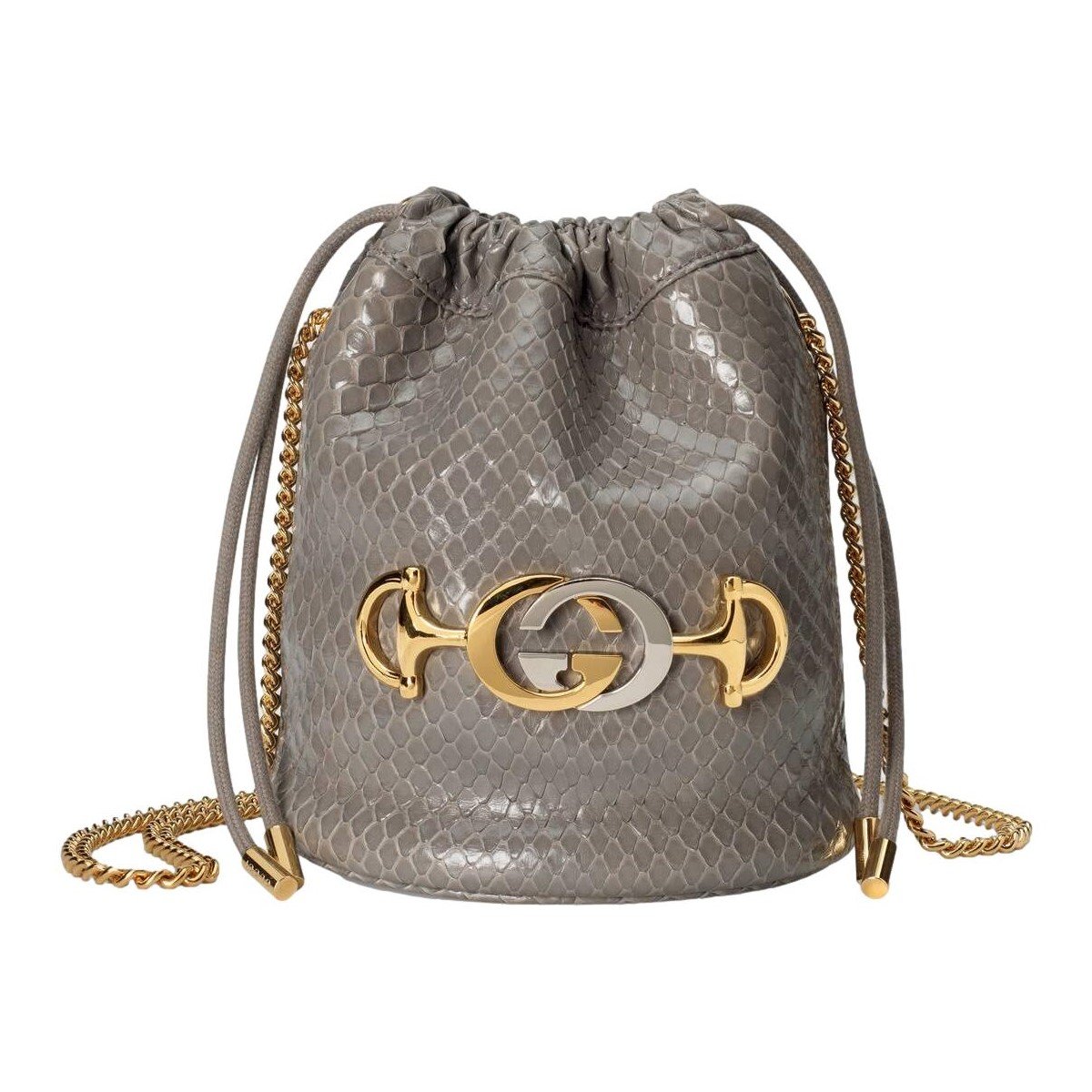 Gucci Zumi Dusty Grey Snakeskin Drawstring Crossbody Bucket Bag