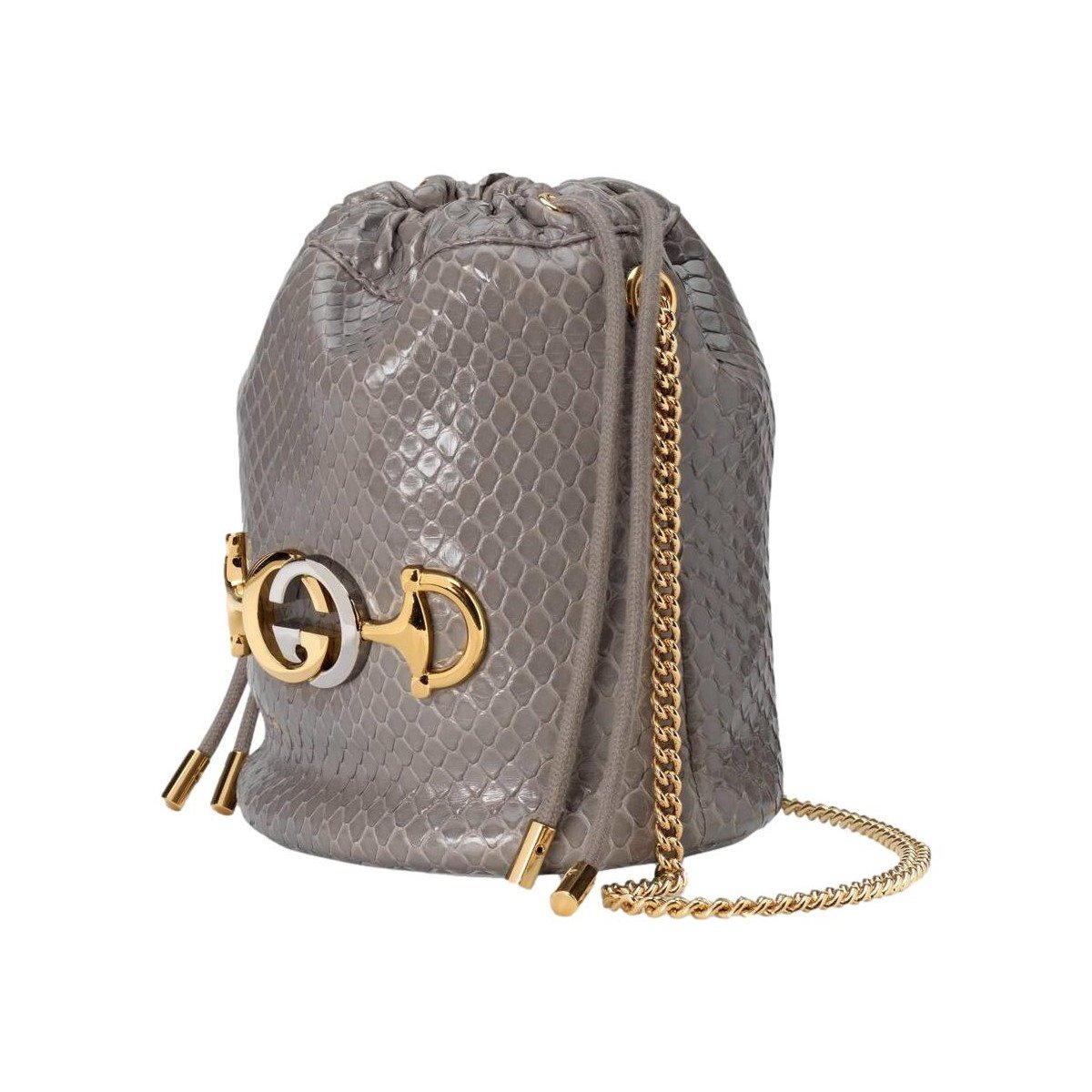 Gucci Zumi Dusty Grey Snakeskin Drawstring Crossbody Bucket Bag