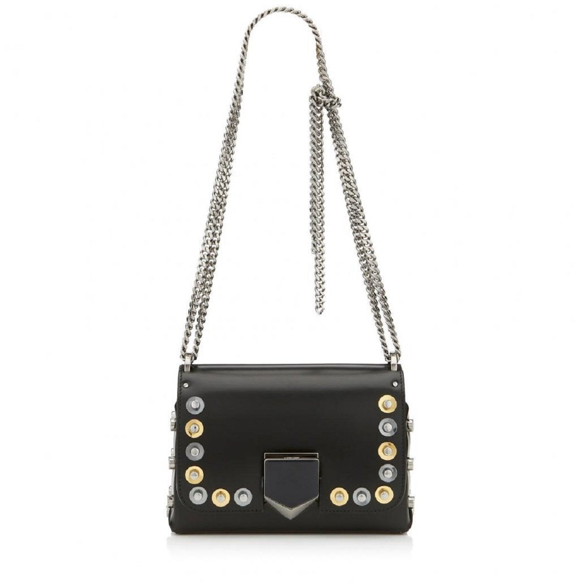 Jimmy Choo Lockett Petite Black Leather Gold Silver Studs