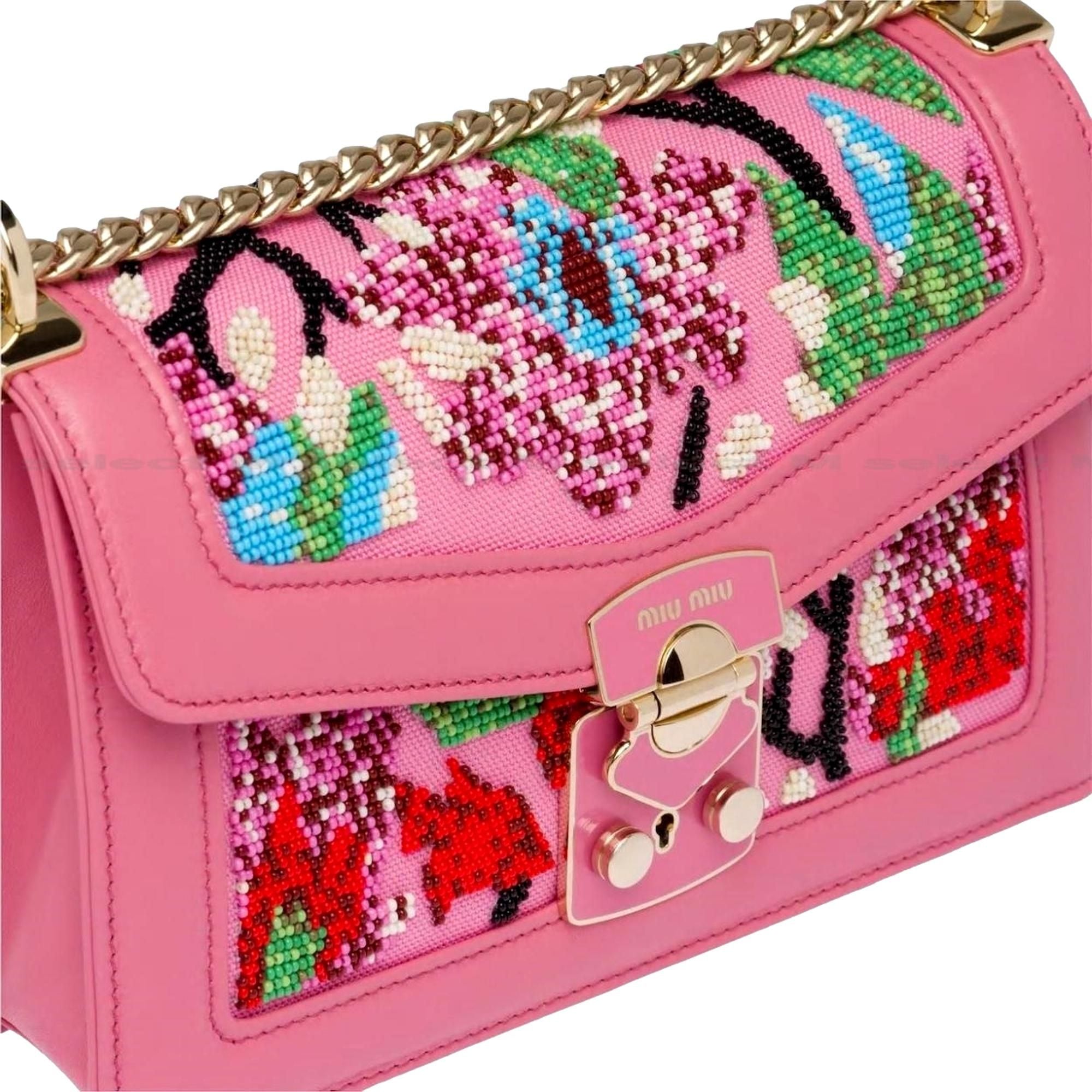 Miu Miu Canapa Geranio Pink Floral Beaded Shoulder Bag