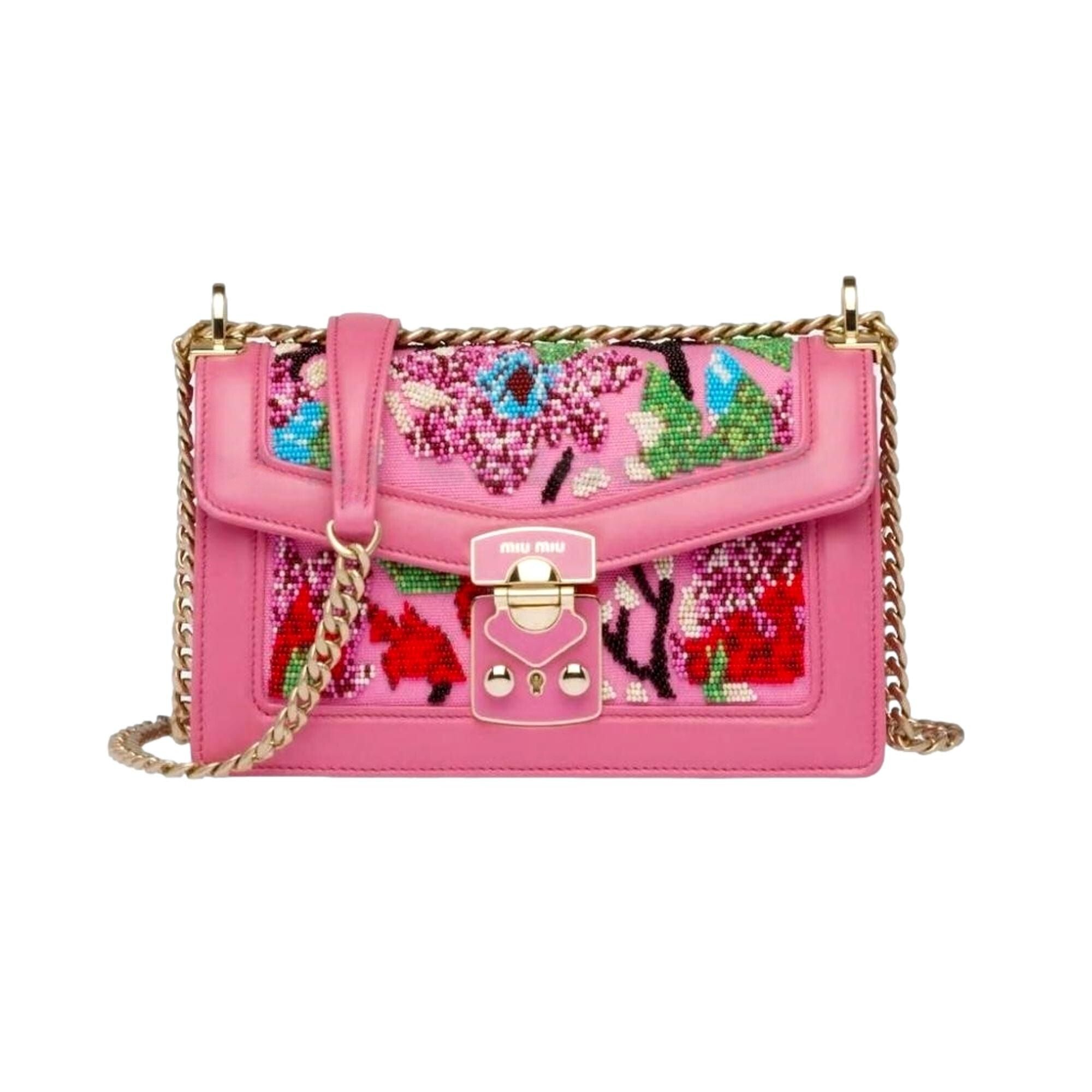 Miu Miu Canapa Geranio Pink Floral Beaded Shoulder Bag