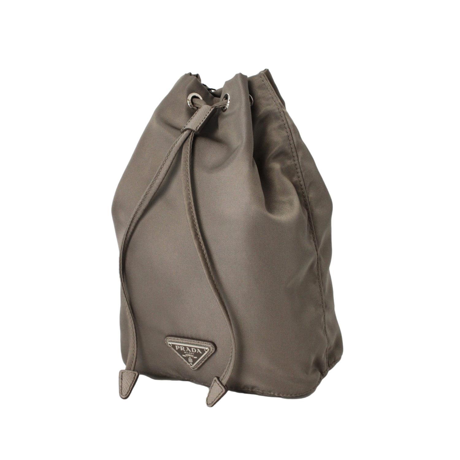 Prada Argilla Grey Tessuto Nylon Triangle Logo Bucket Bag