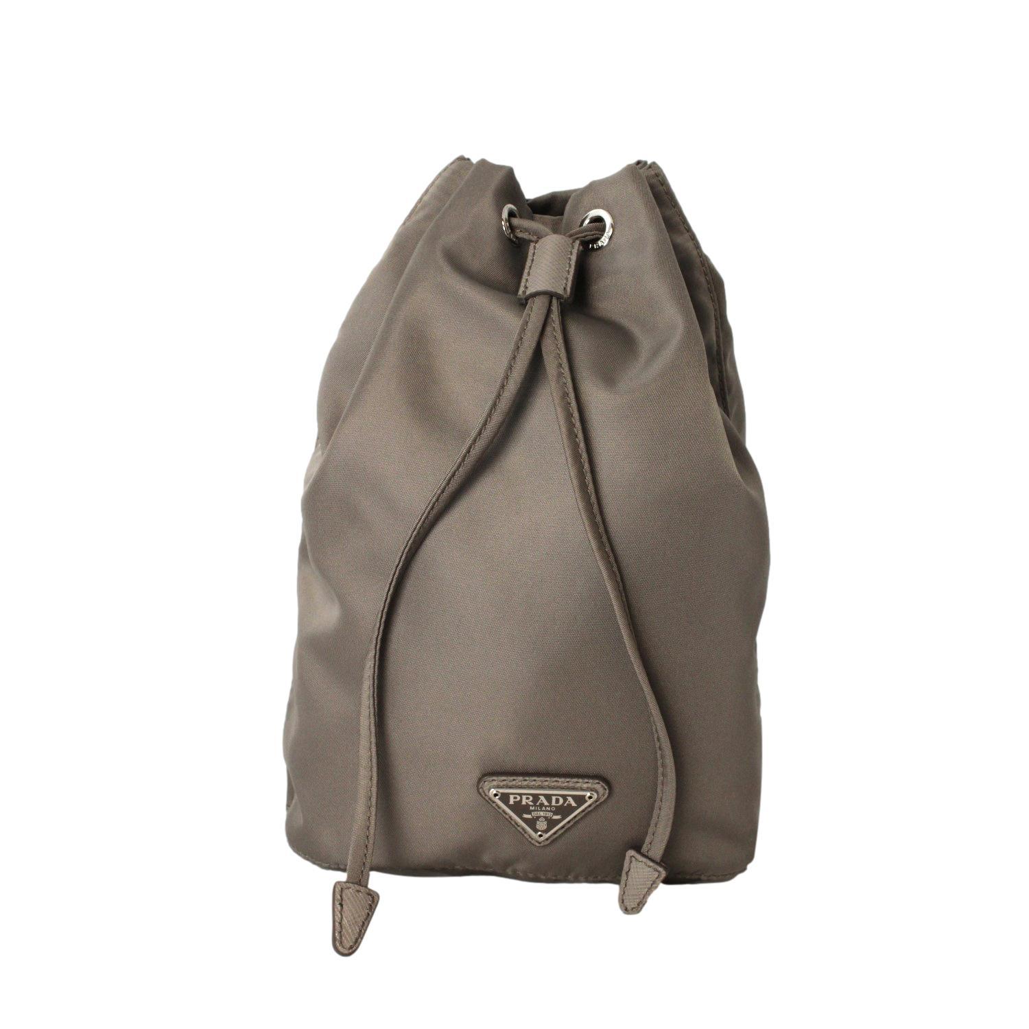 Prada Argilla Grey Tessuto Nylon Triangle Logo Bucket Bag