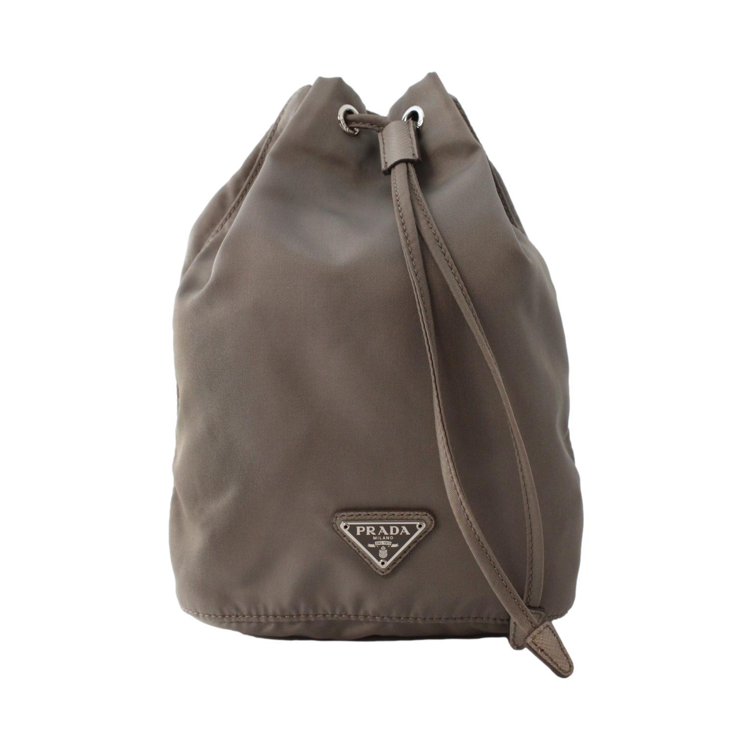 Prada Argilla Grey Tessuto Nylon Triangle Logo Bucket Bag