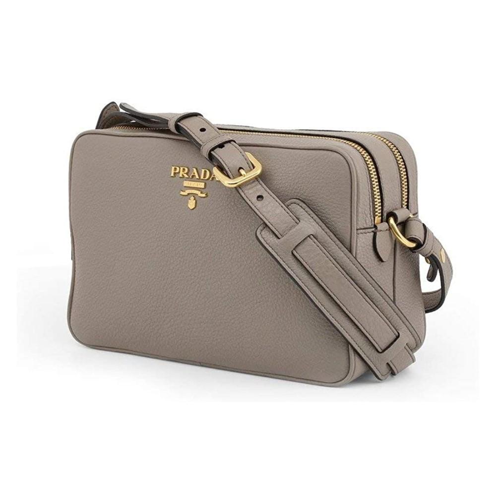 Prada Argilla Grey Vitello Phenix Leather Double Zip Cross Body Bag