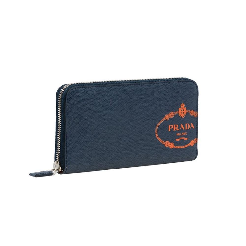 Prada Baltico Blue Saffiano Leather Orange Logo Zip Around Wallet