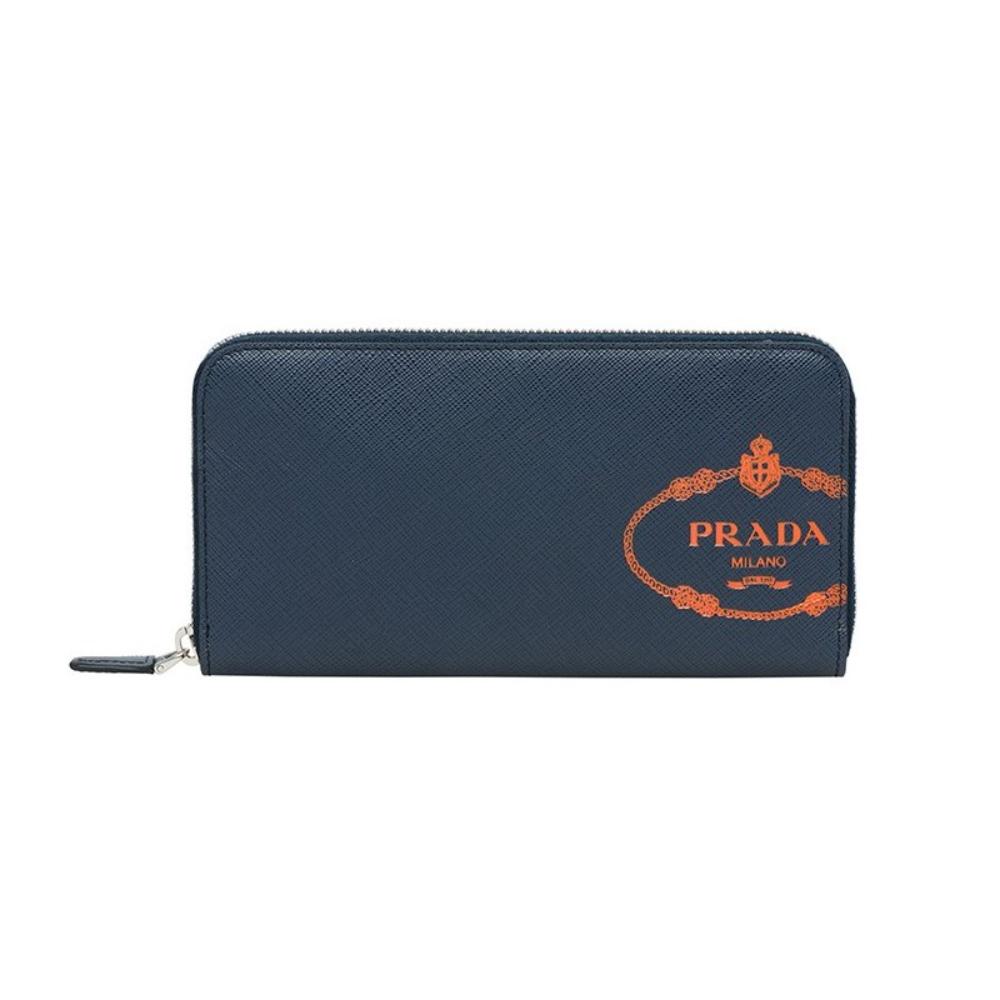 Prada Baltico Blue Saffiano Leather Orange Logo Zip Around Wallet