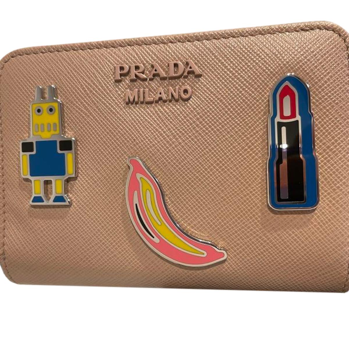 Prada Beige Saffiano Leather Character Snap Bifold Wallet