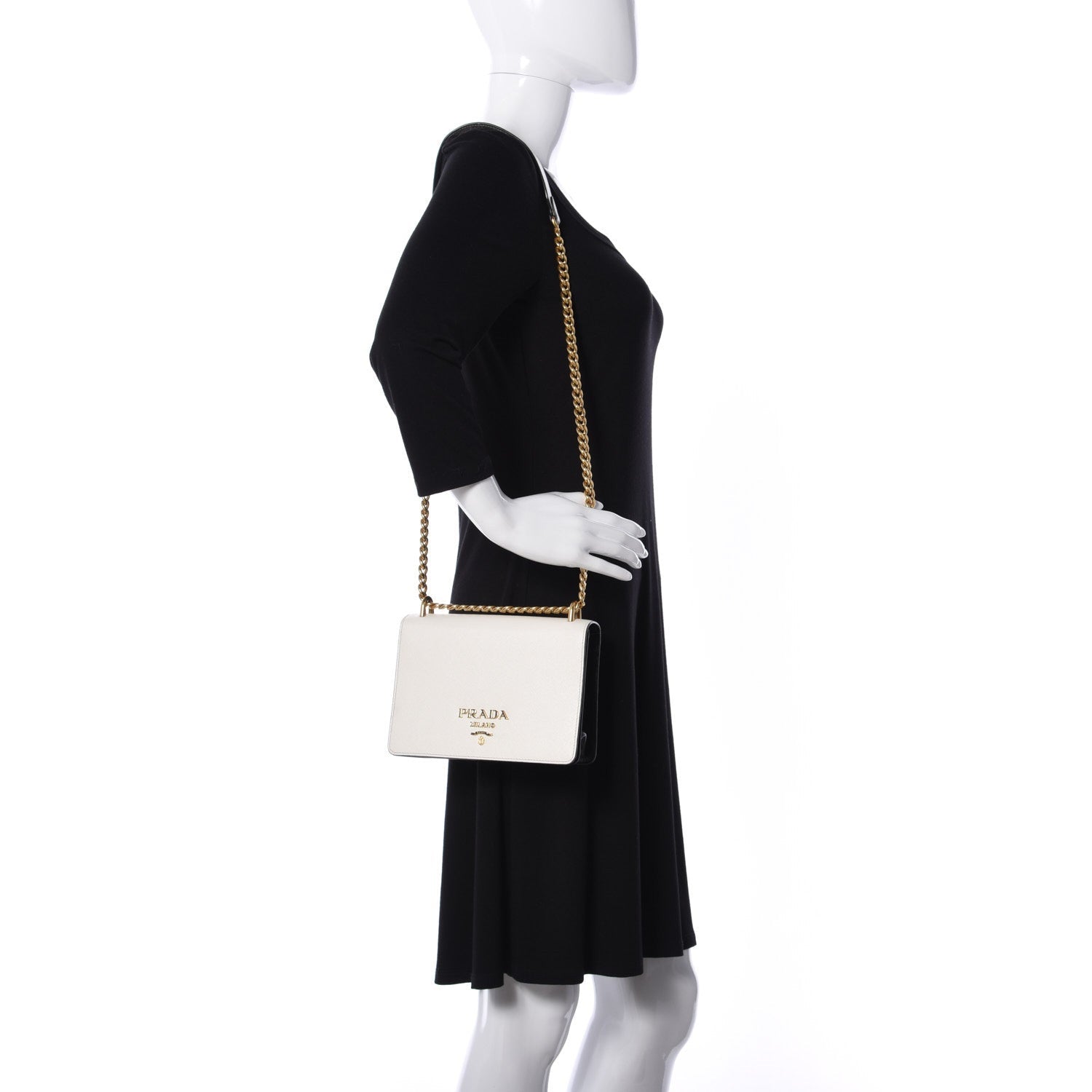 Prada Bianco White Black Saffiano Leather Chain Crossbody Bag