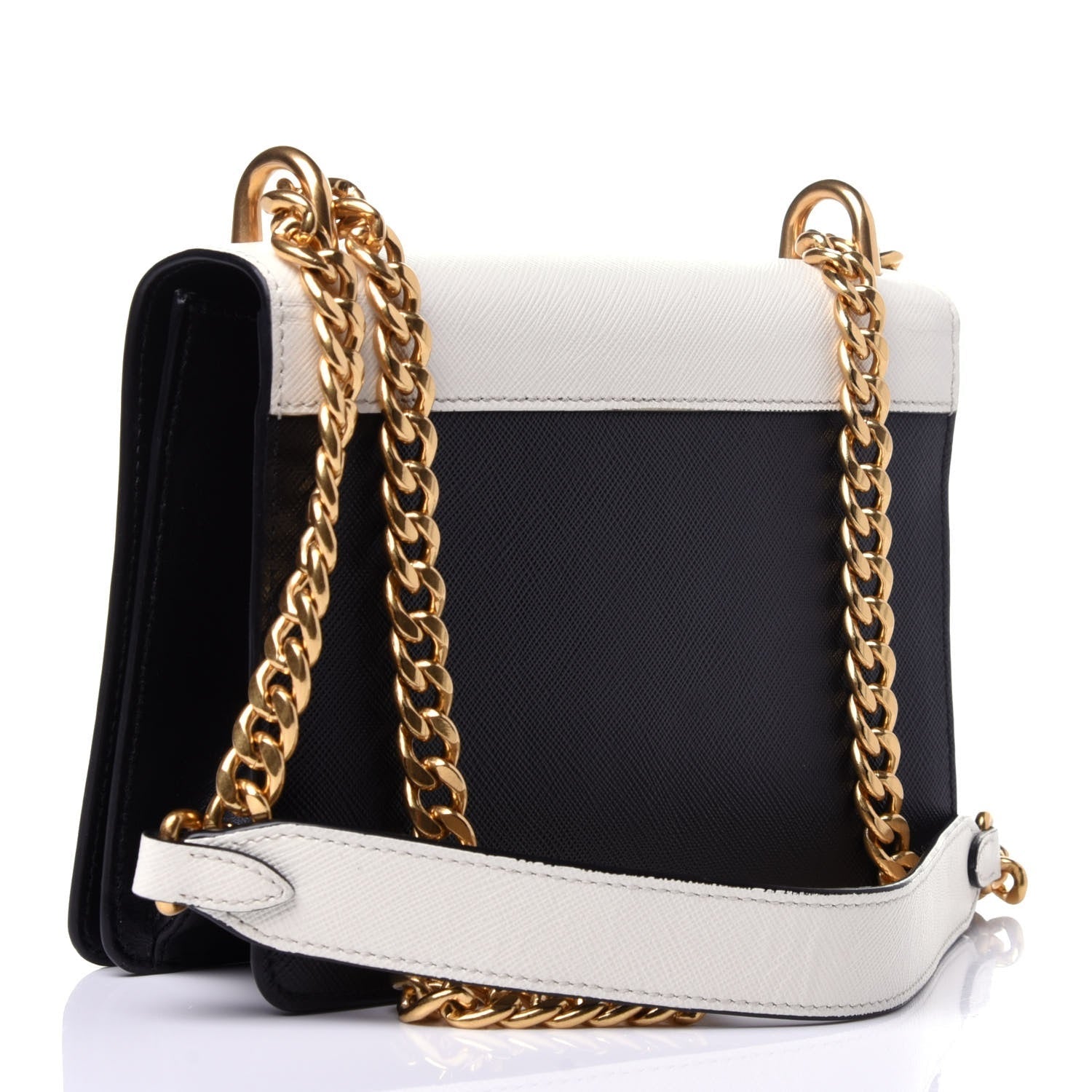 Prada Bianco White Black Saffiano Leather Chain Crossbody Bag