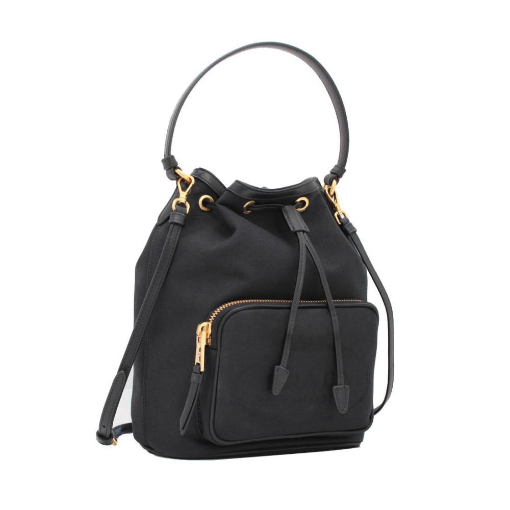 Prada Black Canvas Jacquard Logo Convertible Medium Bucket Bag