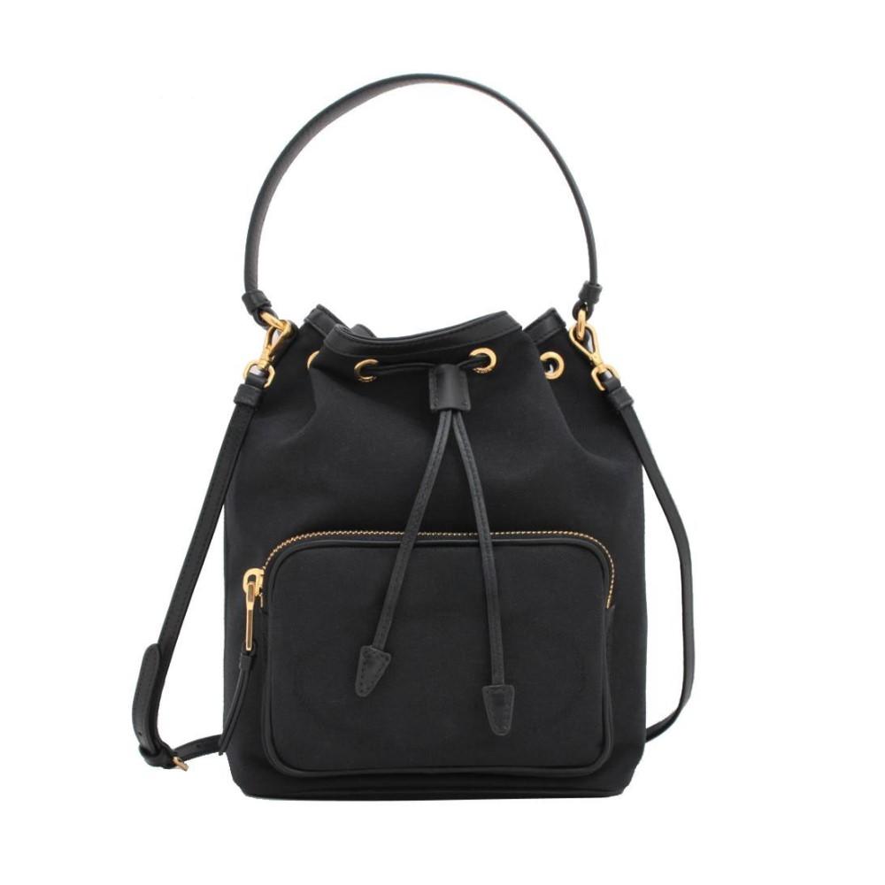 Prada Black Canvas Jacquard Logo Convertible Small Bucket Bag