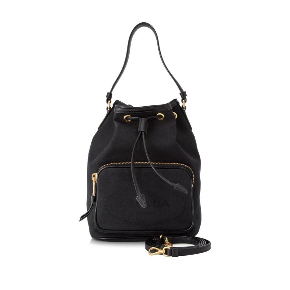 Prada Black Canvas Jacquard Logo Convertible Small Bucket Bag