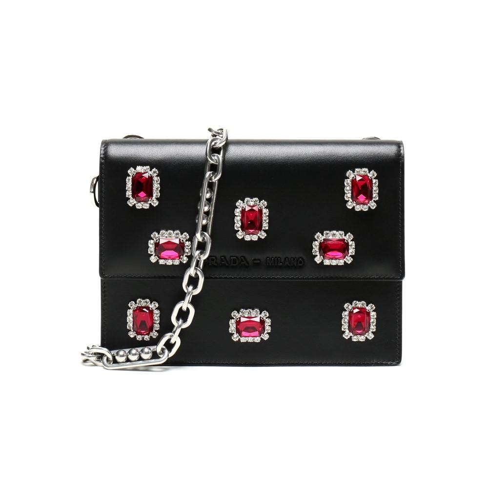 Prada Black City Calfskin Leather Red Jewels Chain Shoulder Bag