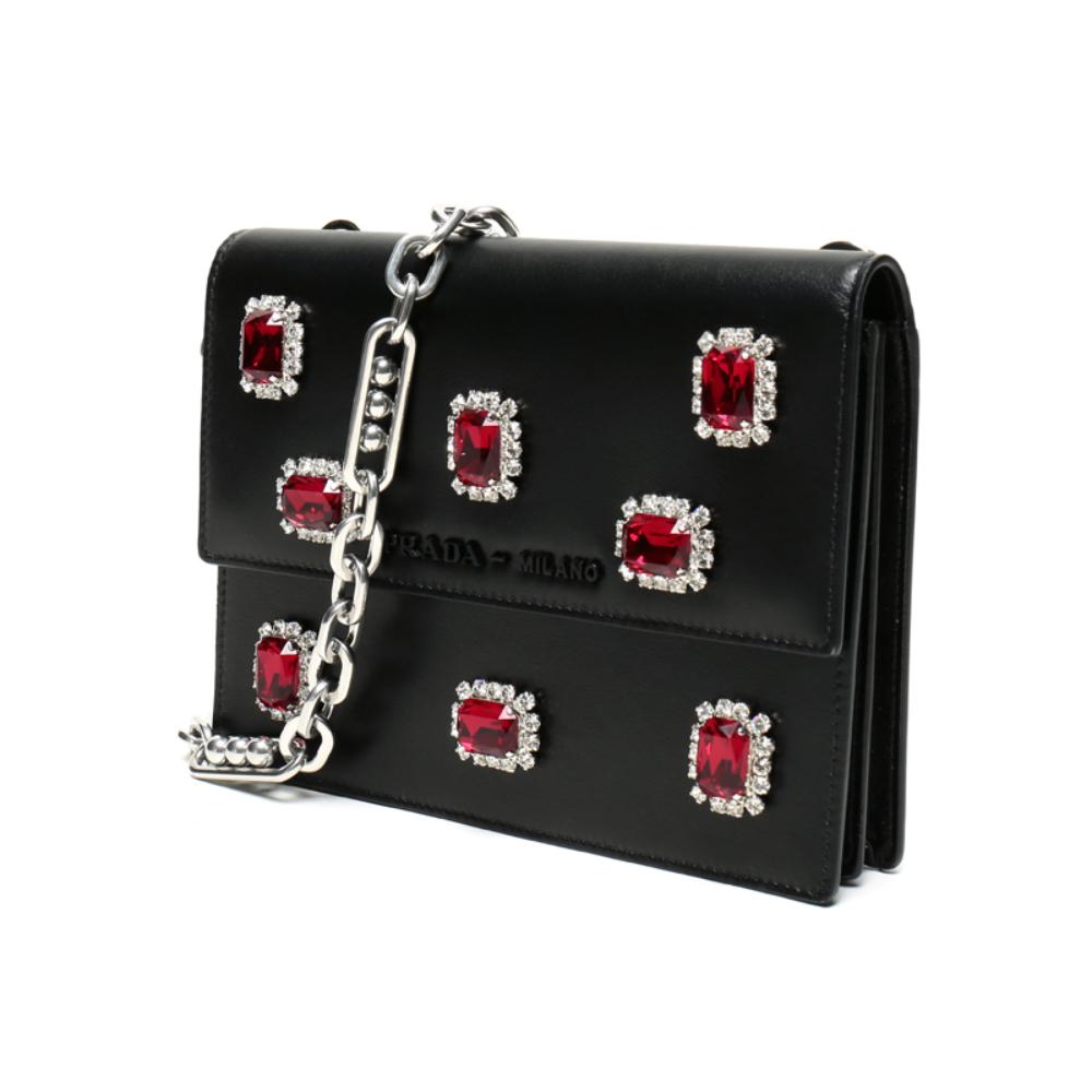 Prada Black City Calfskin Leather Red Jewels Chain Shoulder Bag