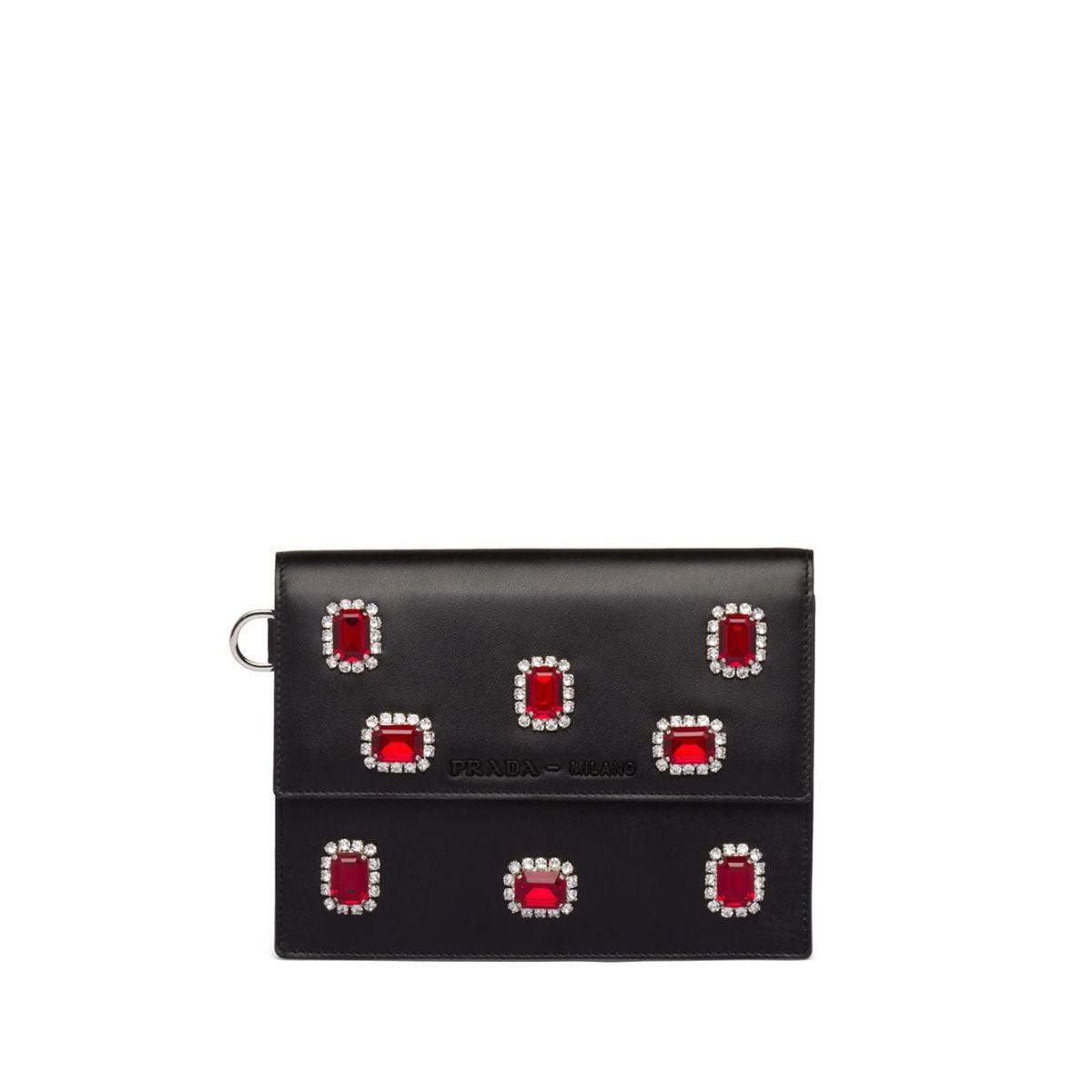 Prada Black City Calfskin Leather Red Jewels Chain Shoulder Bag