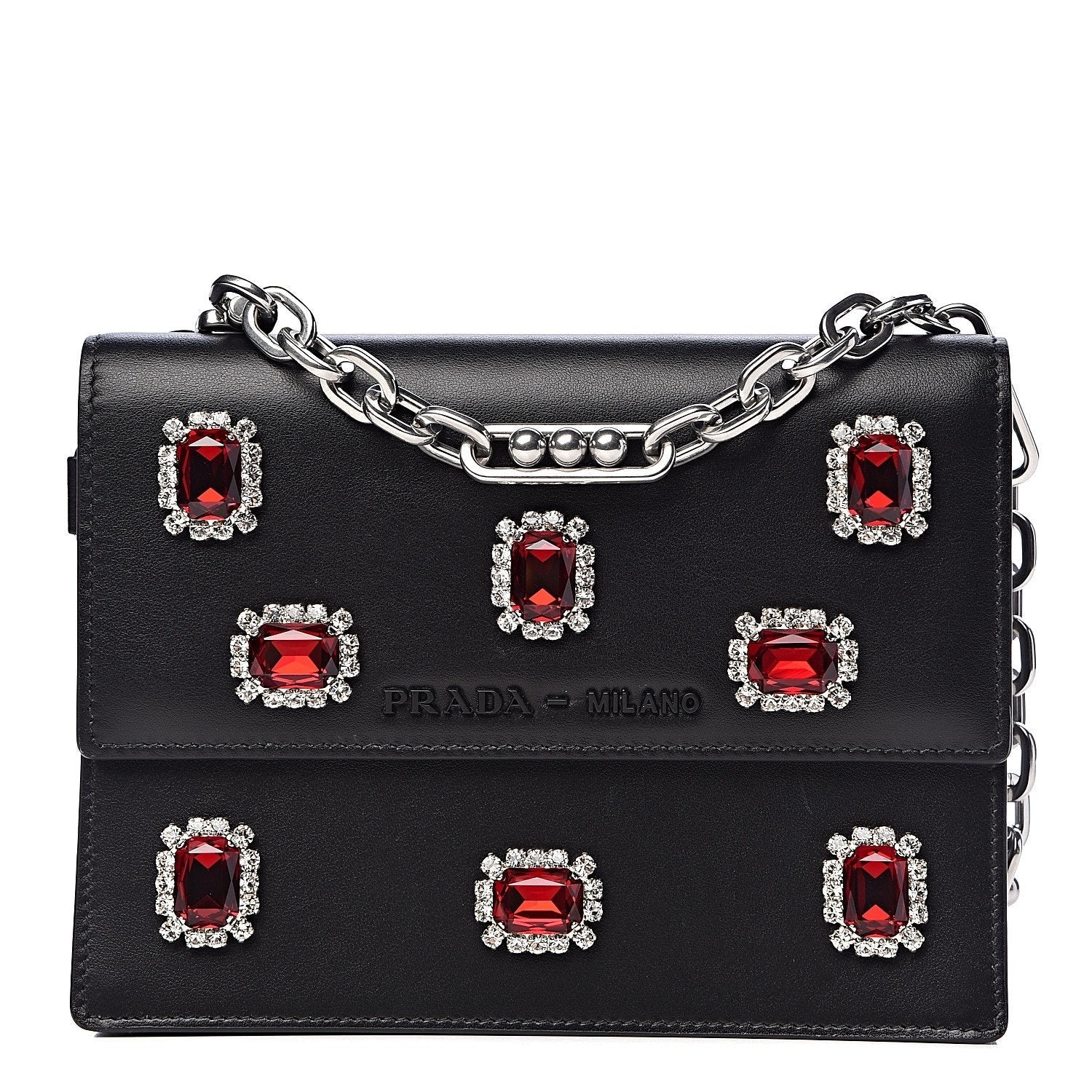 Prada Black City Calfskin Leather Red Jewels Chain Shoulder Bag