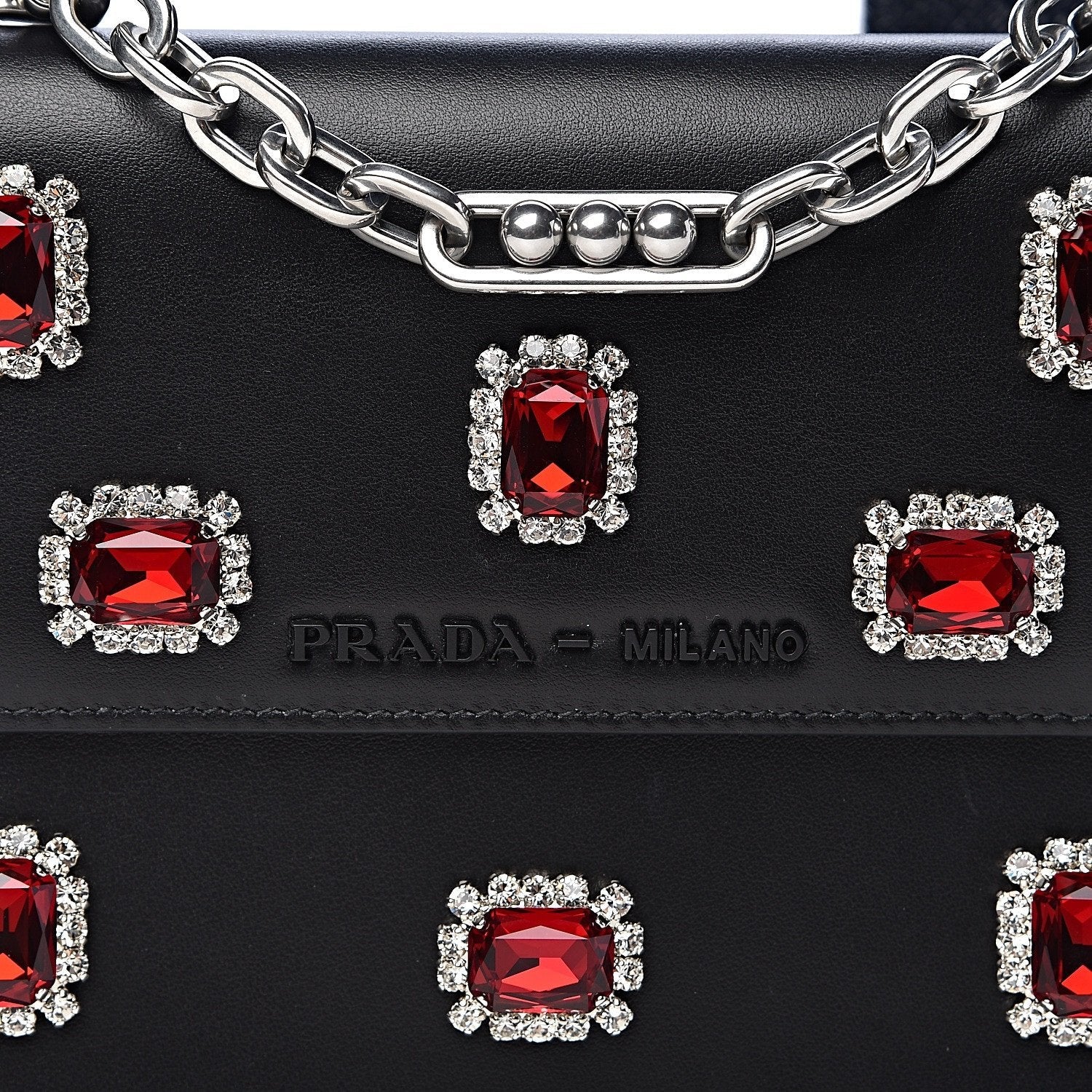 Prada Black City Calfskin Leather Red Jewels Chain Shoulder Bag