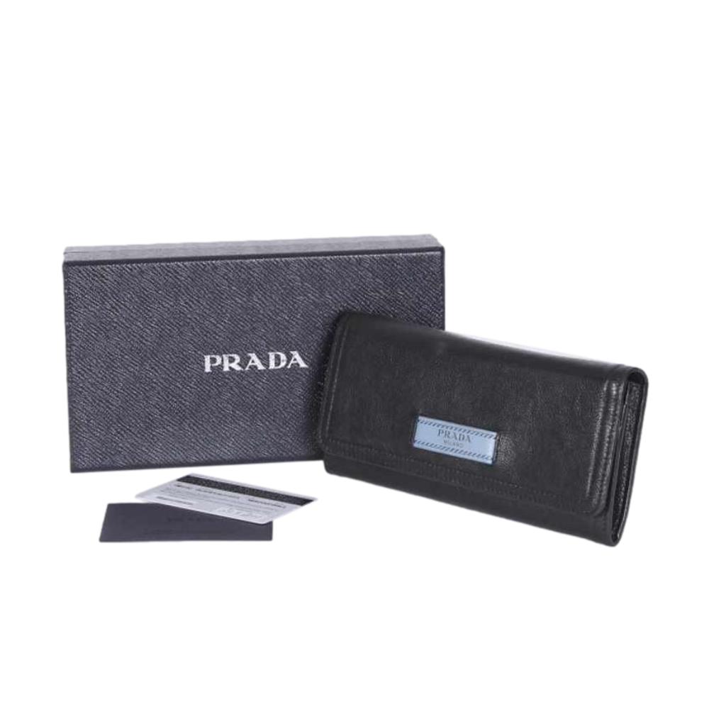 Prada Black Glace Calfskin Leather Snap Long Wallet