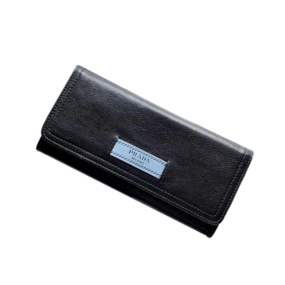 Prada Black Glace Calfskin Leather Snap Long Wallet