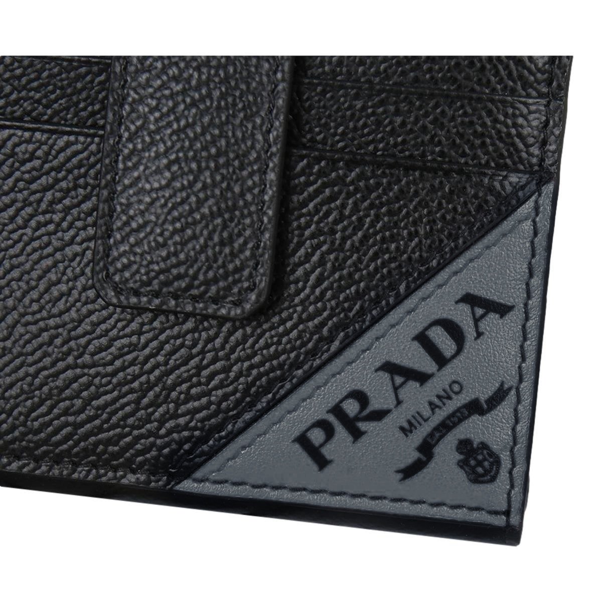 Prada Black Grey Vitello Grain Leather Card Case Bifold Wallet