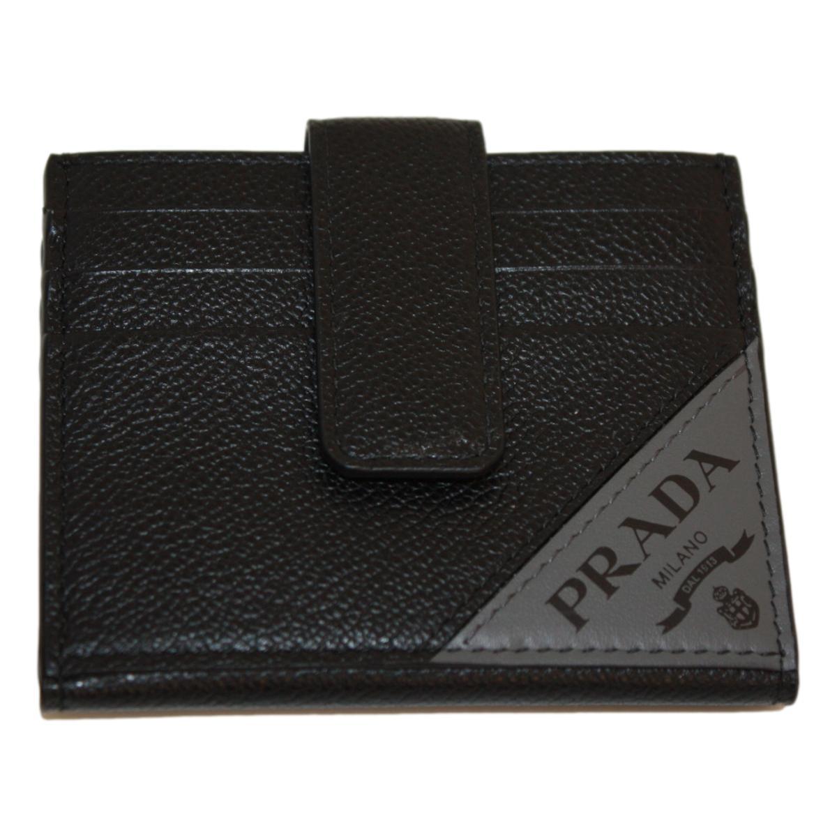 Prada Black Grey Vitello Grain Leather Card Case Bifold Wallet