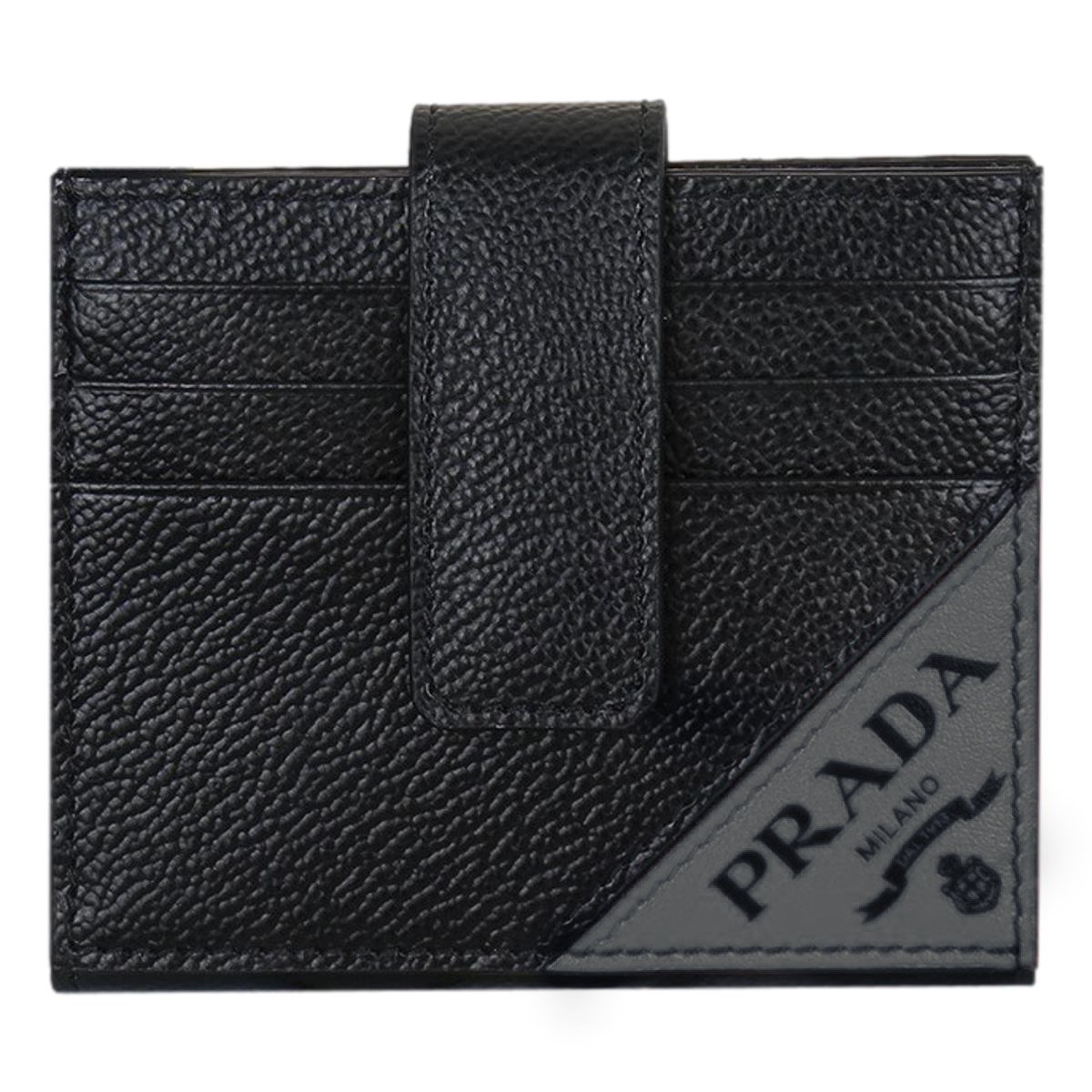 Prada Black Grey Vitello Grain Leather Card Case Bifold Wallet