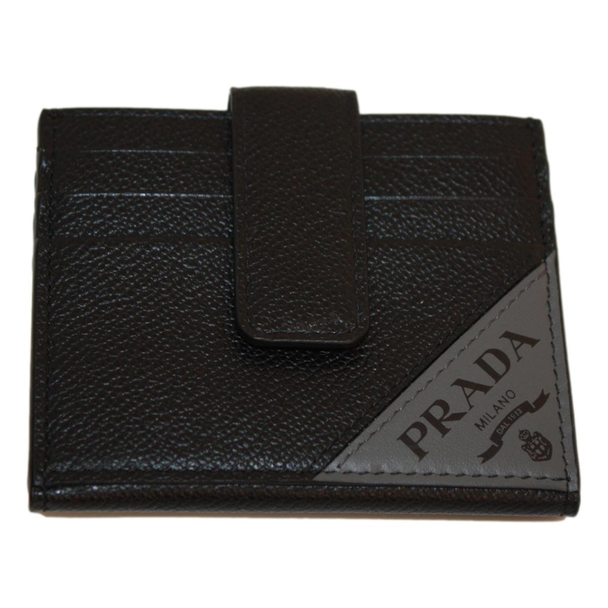 Prada Black Grey Vitello Grain Leather Card Case Bifold Wallet