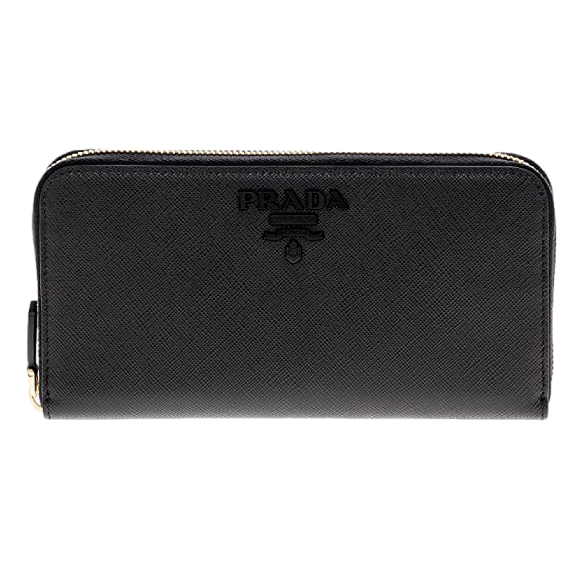 Prada Black Logo Saffiano Leather Zip Around Wallet