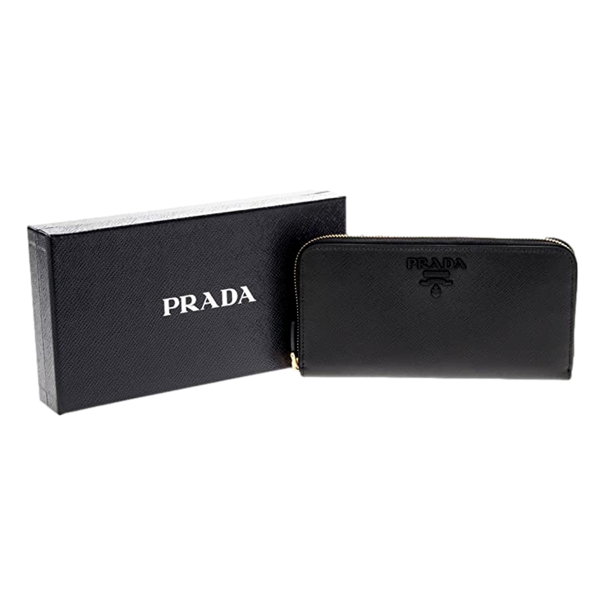 Prada Black Logo Saffiano Leather Zip Around Wallet