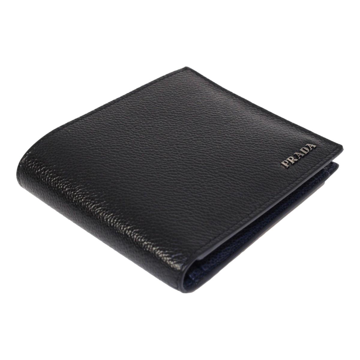 Prada Black Navy Vitello Micro Grain Leather Bifold Wallet