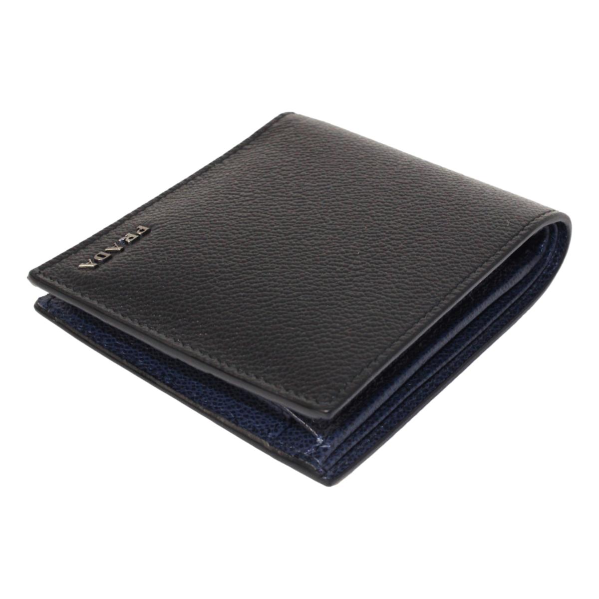 Prada Black Navy Vitello Micro Grain Leather Bifold Wallet