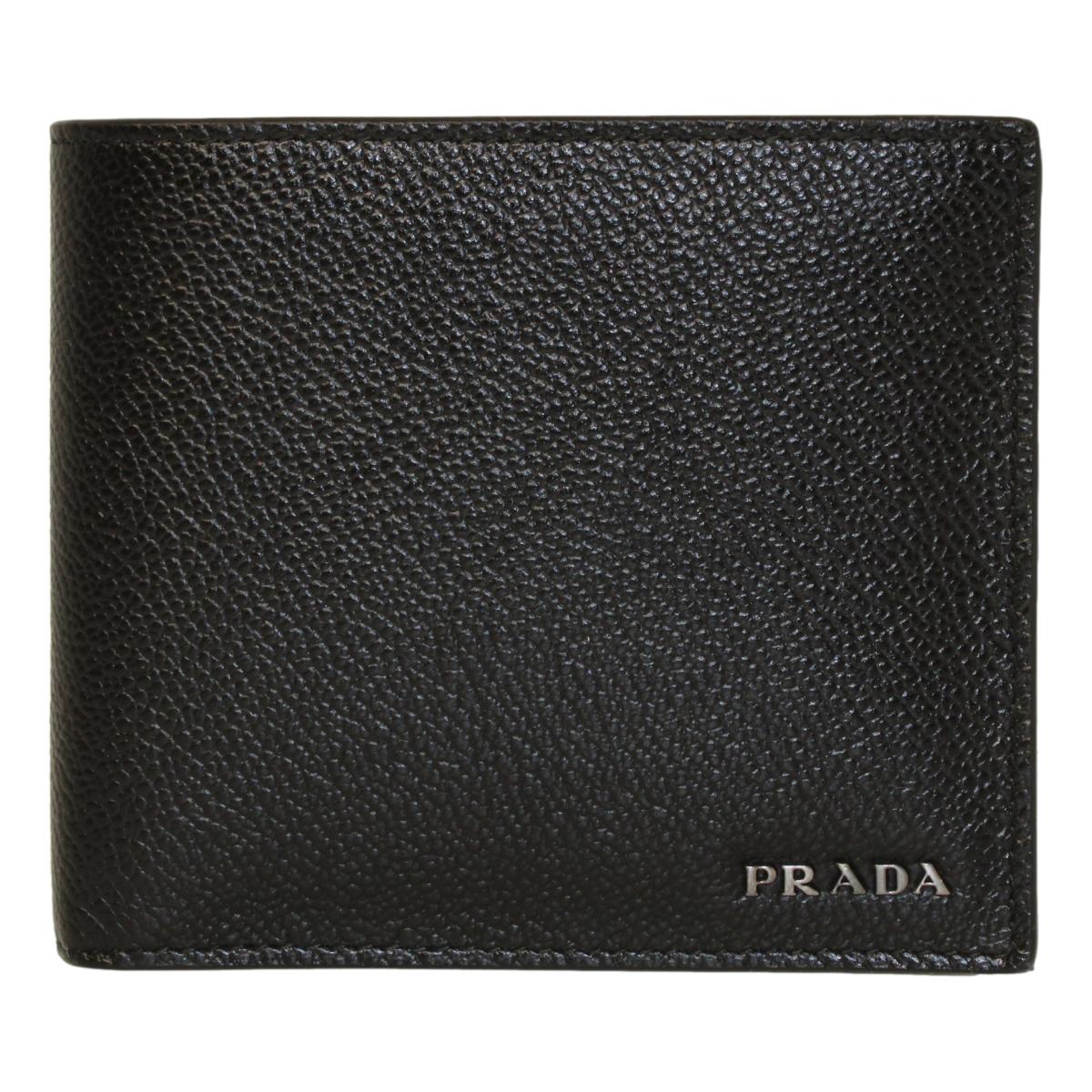 Prada Black Navy Vitello Micro Grain Leather Bifold Wallet