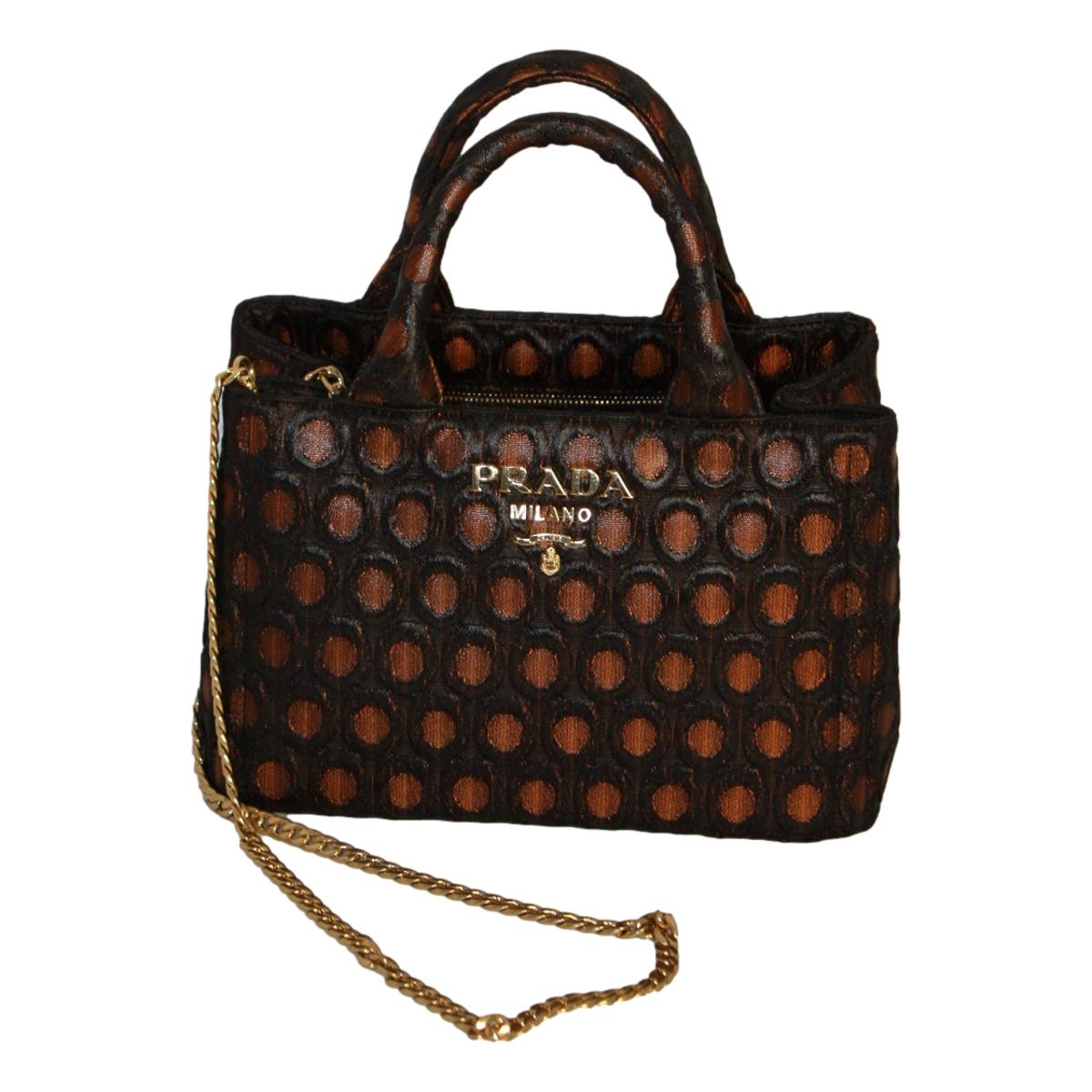 Prada Black Orange Broccato Fabric Top Handle Chain Satchel Bag