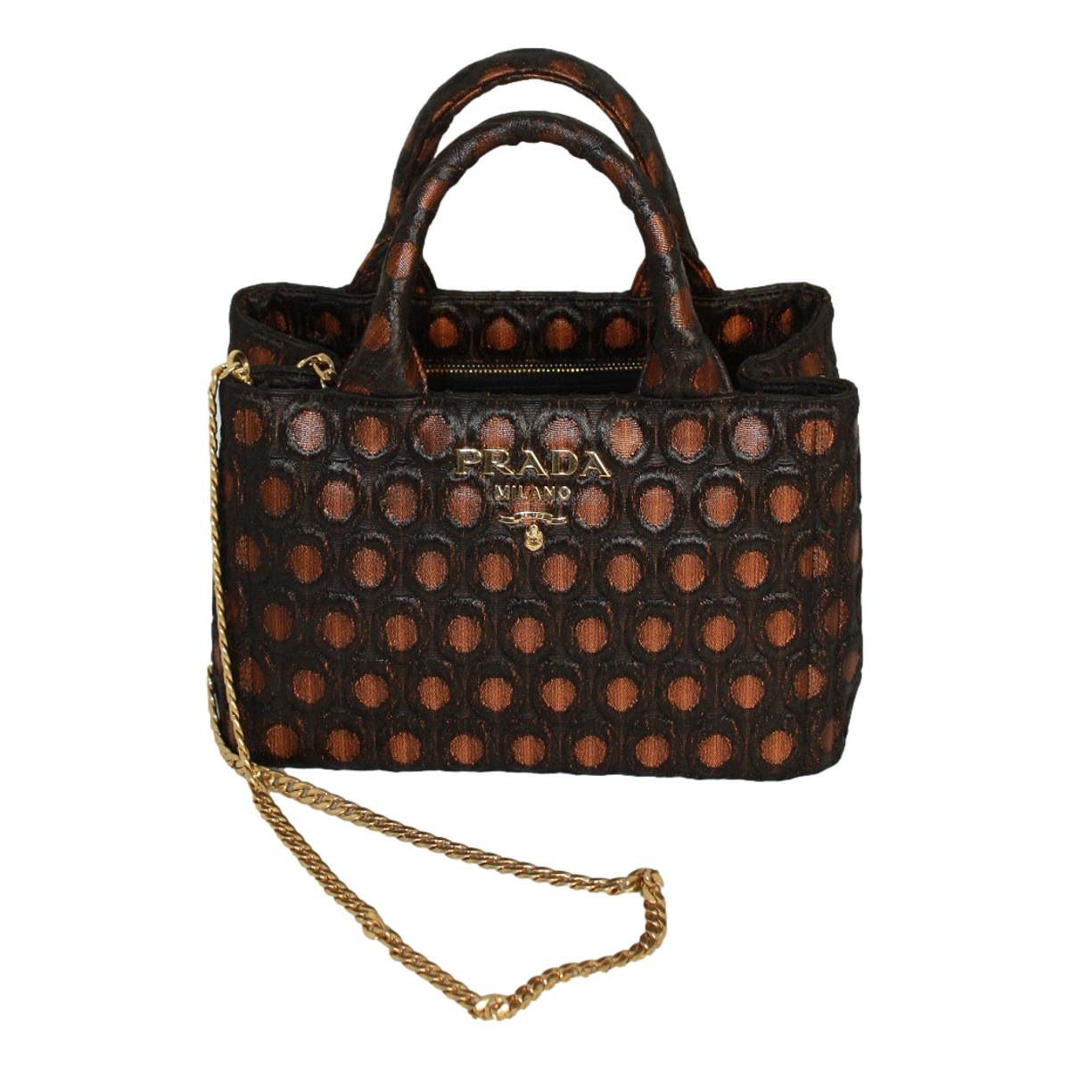 Prada Black Orange Broccato Fabric Top Handle Chain Satchel Bag