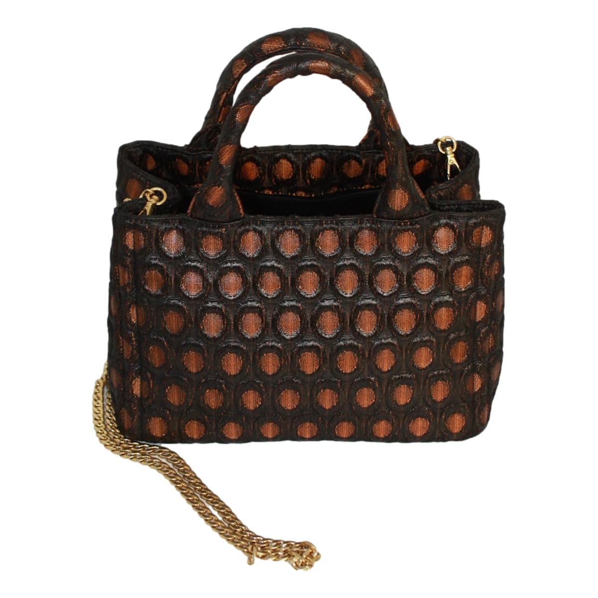 Prada Black Orange Broccato Fabric Top Handle Chain Satchel Bag