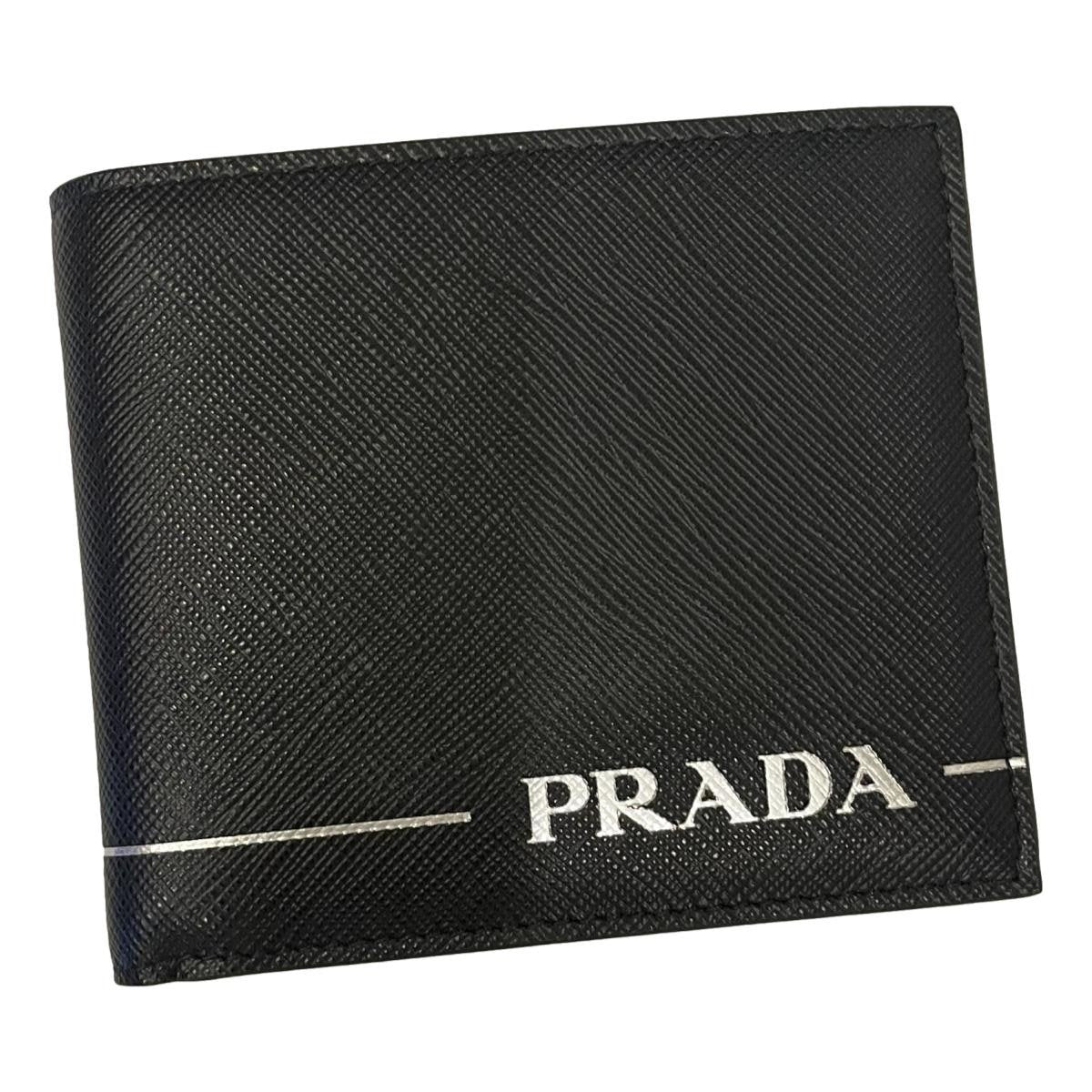 Prada Black Saffiano Leather Argento Silver Stripe Bifold Wallet