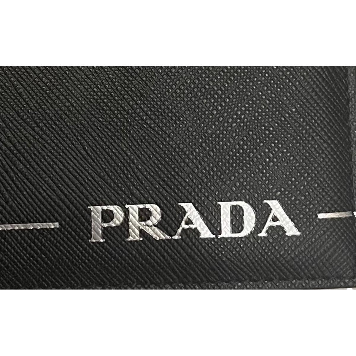 Prada Black Saffiano Leather Argento Silver Stripe Bifold Wallet