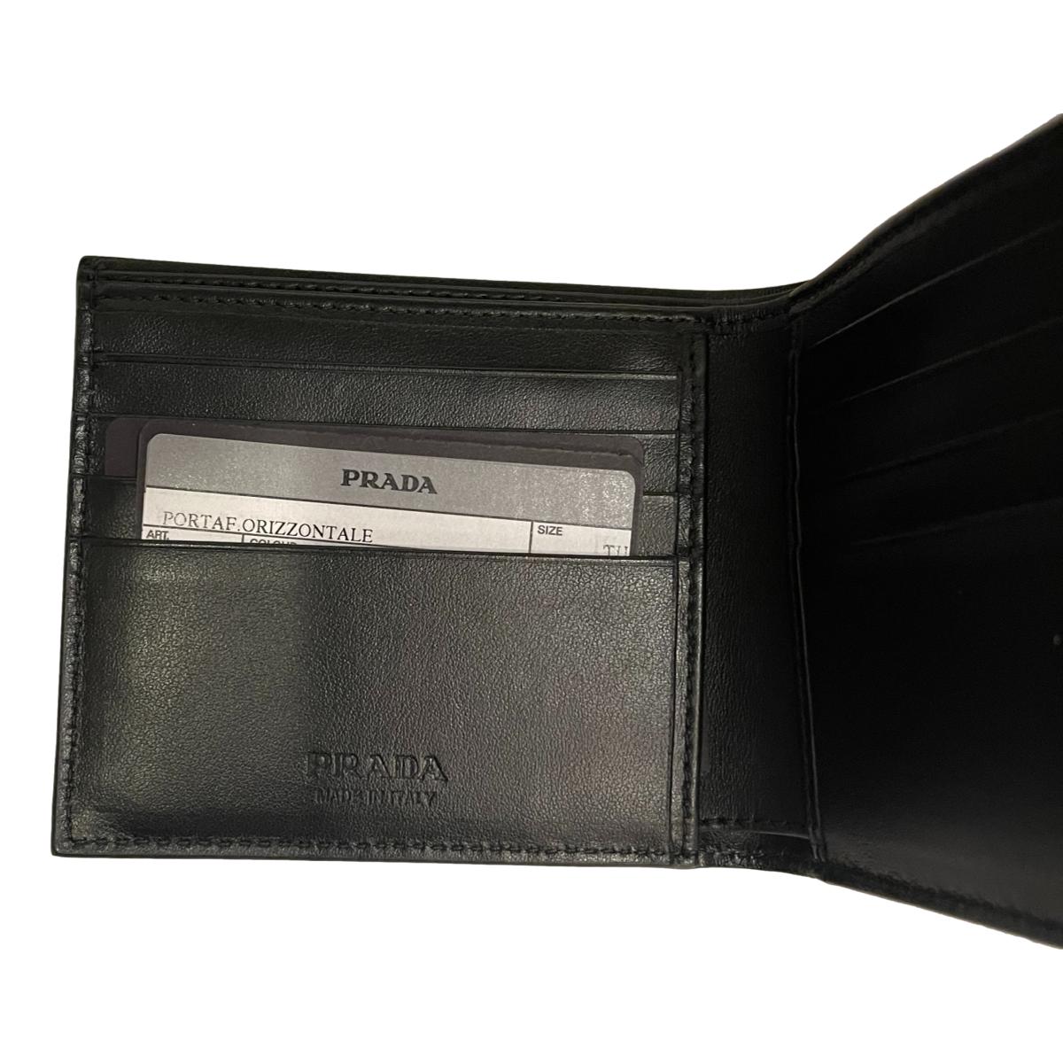 Prada Black Saffiano Leather Argento Silver Stripe Bifold Wallet