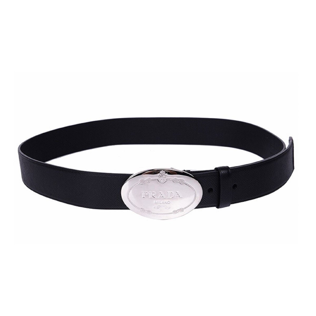 Prada Black Saffiano Leather Engraved Oval Plaque Buckle Size: 105/42 Belt