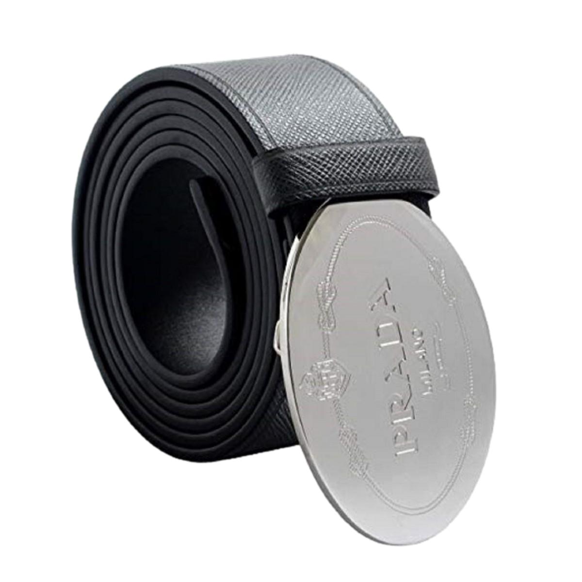 Prada Black Saffiano Leather Engraved Oval Plaque Buckle Size: 105/42 Belt