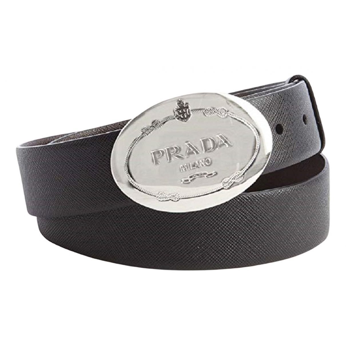 Prada Black Saffiano Leather Engraved Oval Plaque Buckle Size: 105/42 Belt