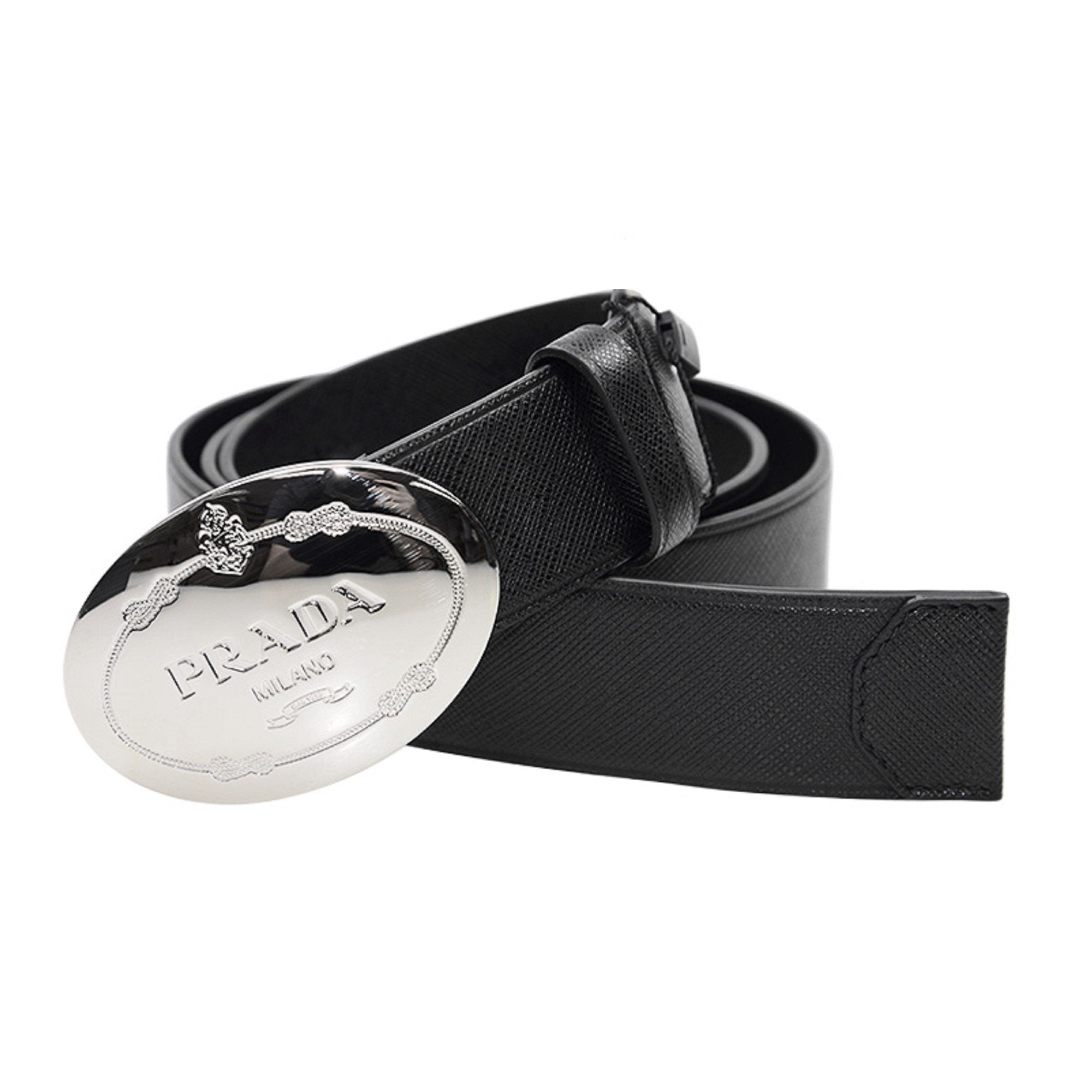 Prada Black Saffiano Leather Engraved Oval Plaque Buckle Size: 105/42 Belt