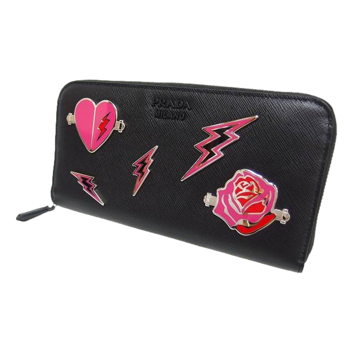 Prada Black Saffiano Leather Frankenstein Heart Rose Zip Around Wallet