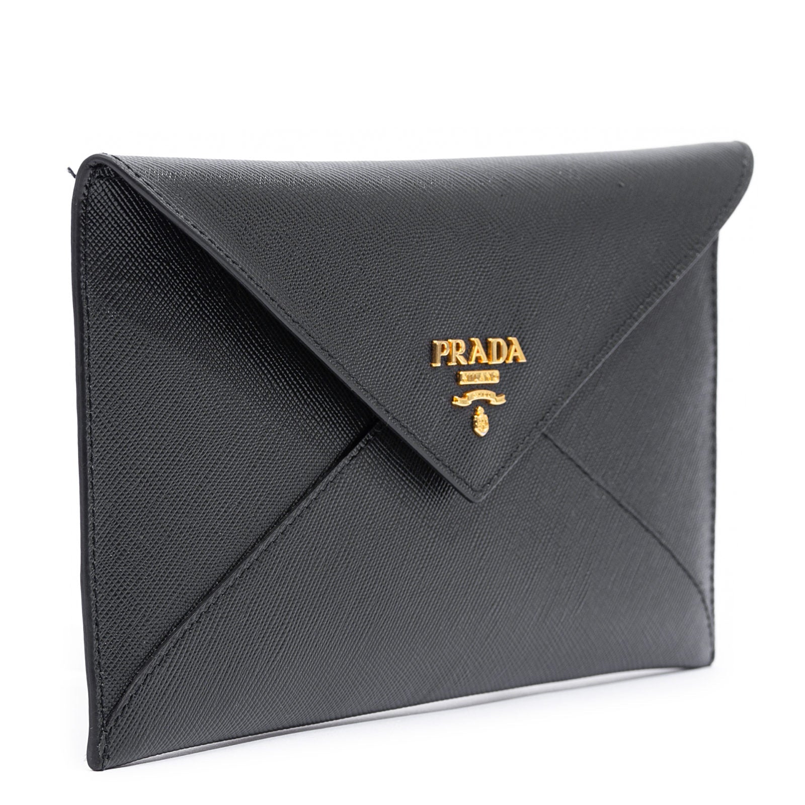 Prada Black Saffiano Leather Gold Logo Long Envelope Wallet