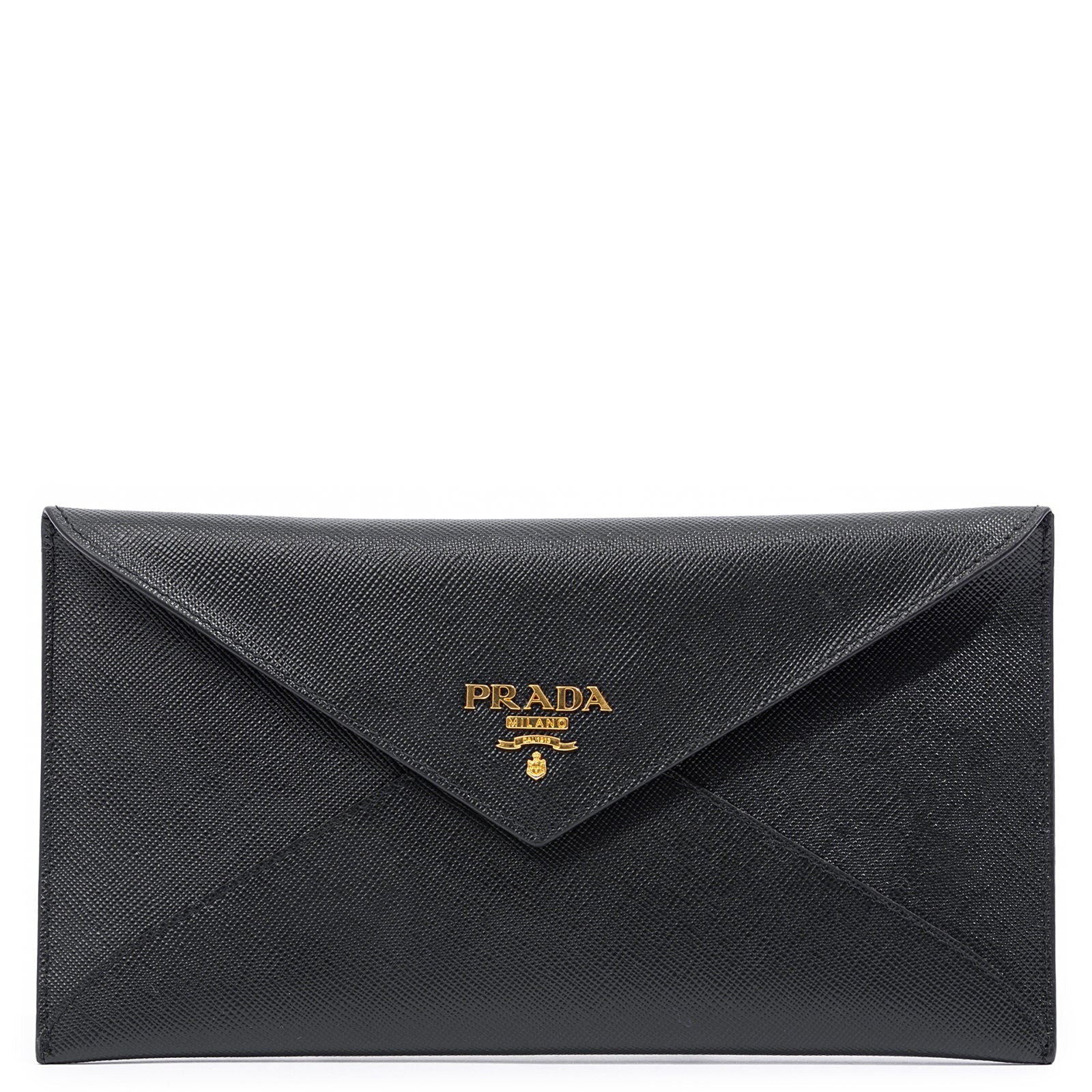 Prada Black Saffiano Leather Gold Logo Long Envelope Wallet