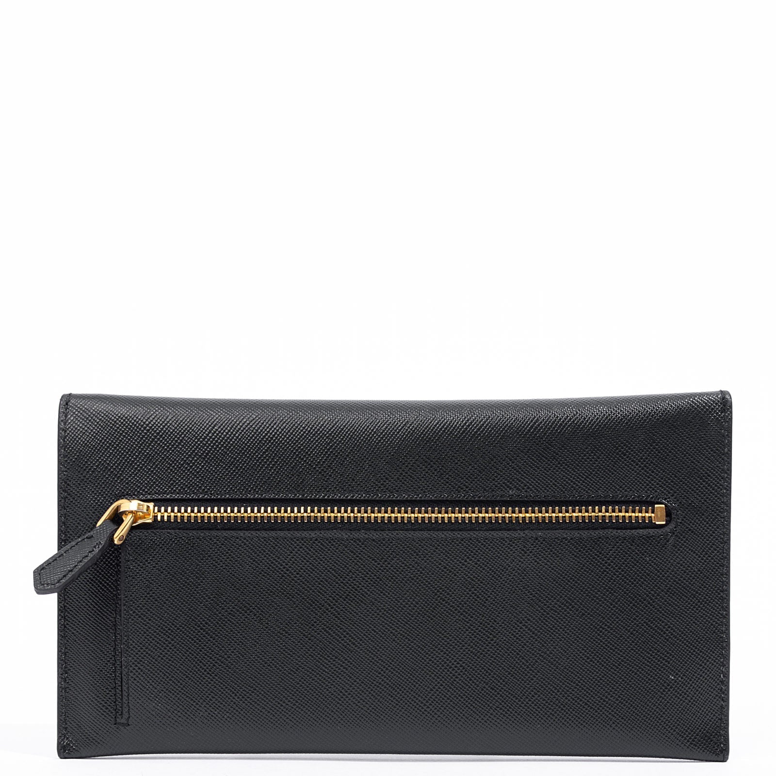 Prada Black Saffiano Leather Gold Logo Long Envelope Wallet