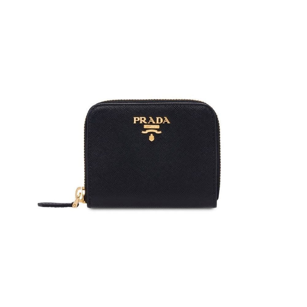 Prada Black Saffiano Leather Gold Zip Coin Purse Wallet